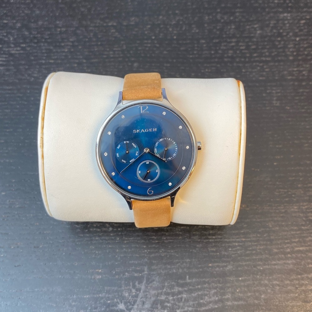 Skagen Women's Anita Blue Dial Brown Leather Watch